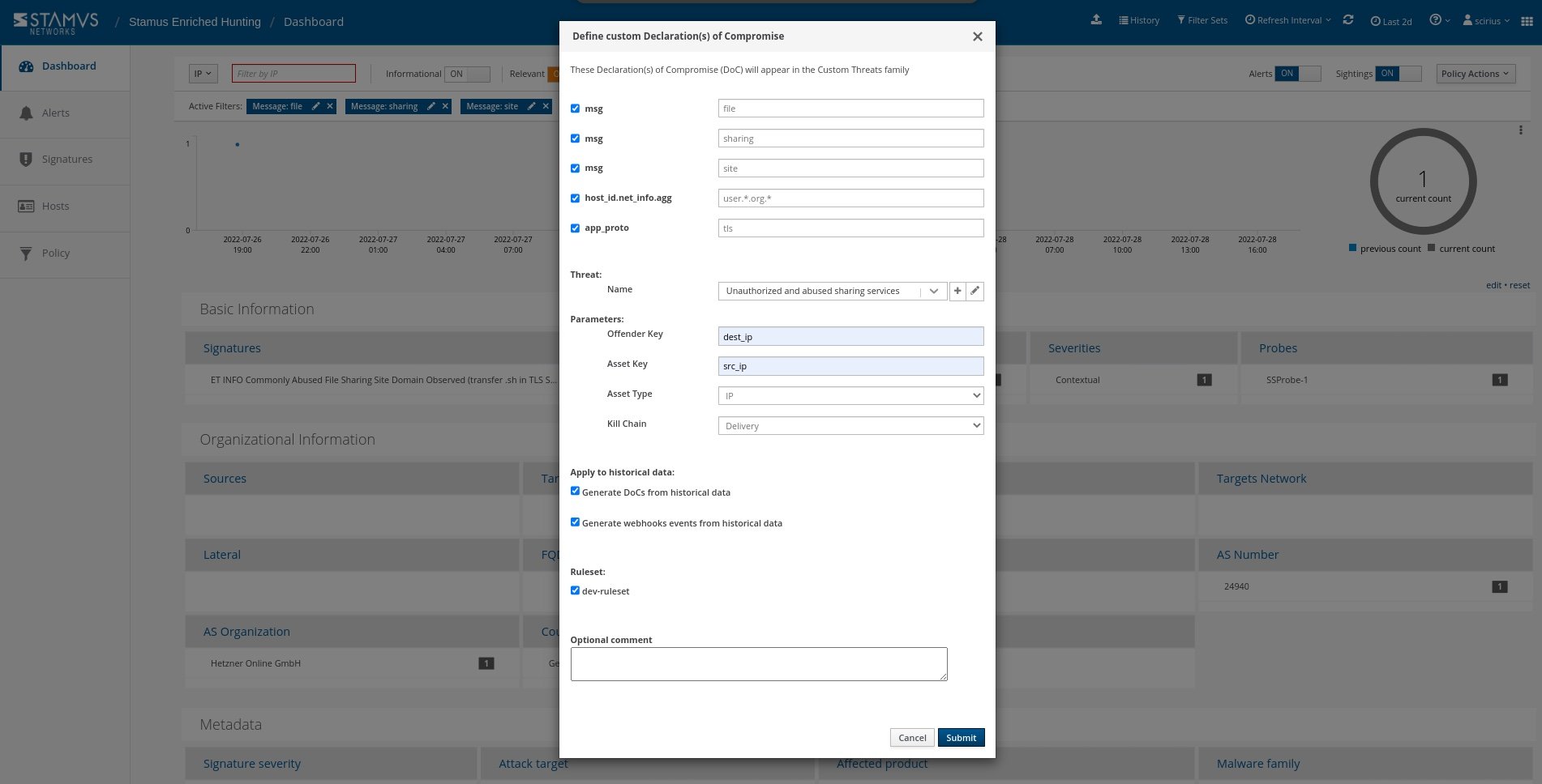 View of "define custom Declaration of Compromise" pop up