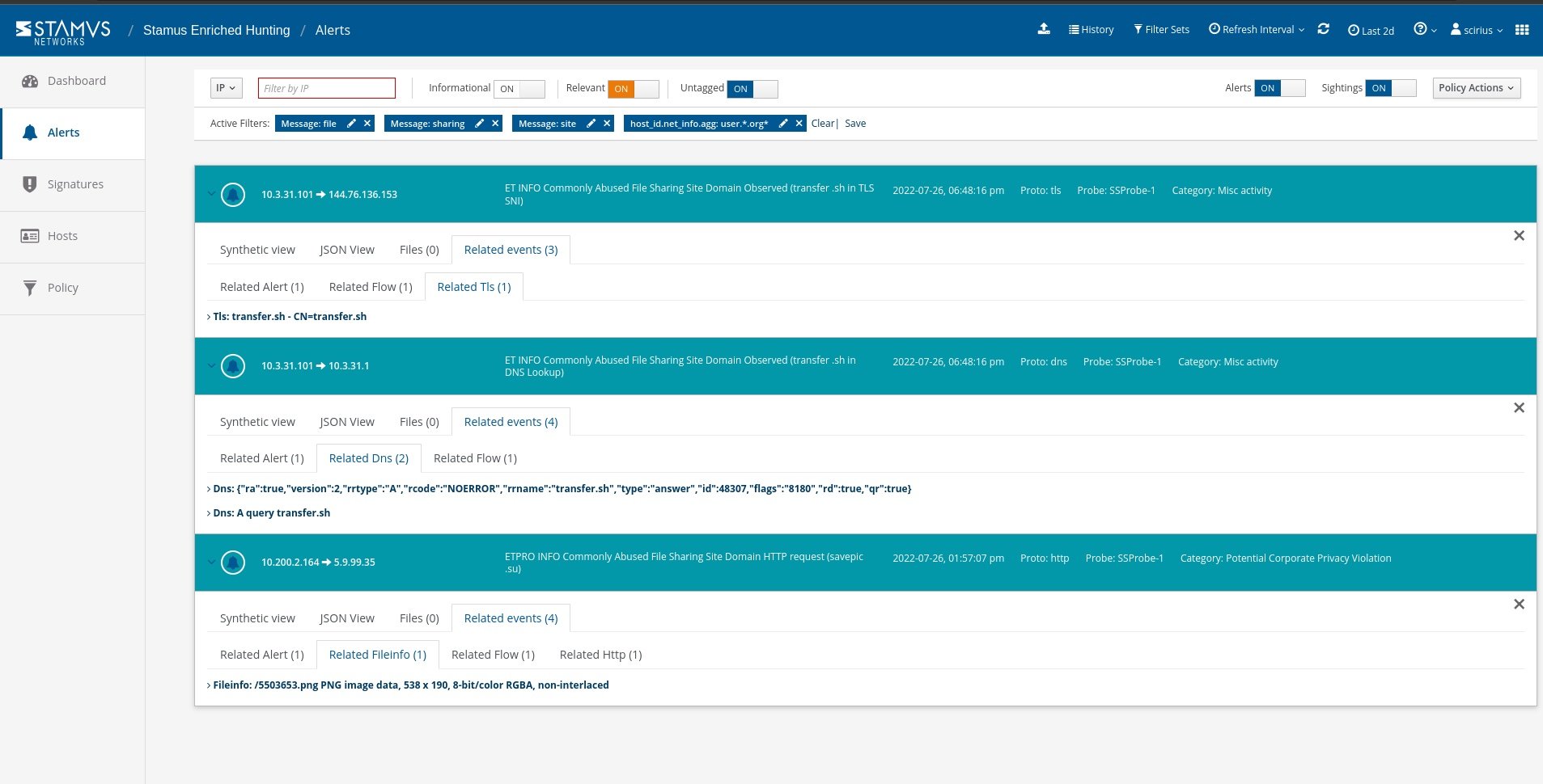 Stamus Enriched Hunting Alerts View