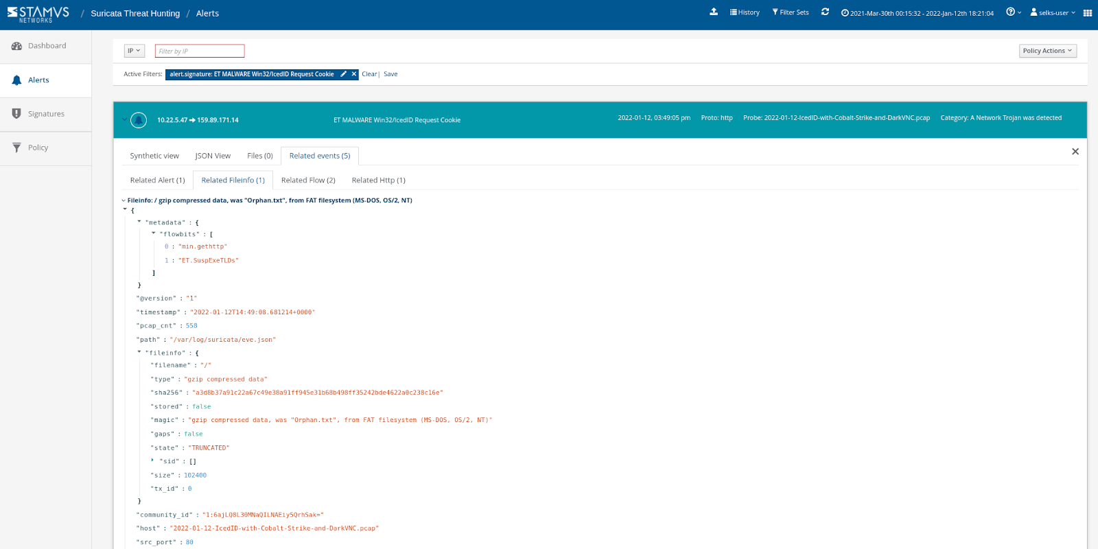 protocol, flow, and file transactions across alerts